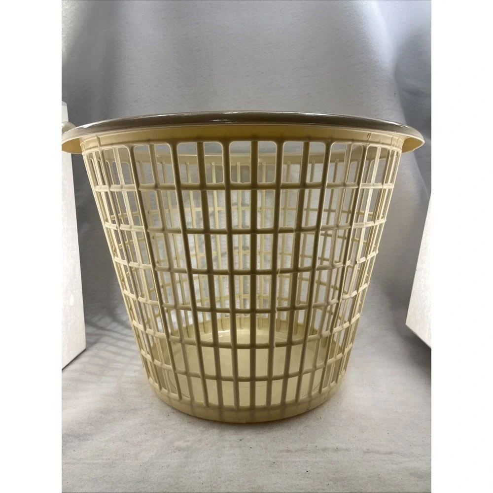 Beige Cage Round Plastic Laundry Basket Retro 1960-70s Vintage, MCM, Grannycore